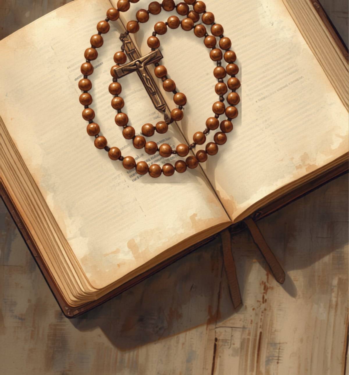 Un rosario de madera con crucifijo, sobre las páginas de la Biblia, ilustración en acuarela